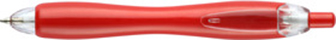 Boligrafo retractil plastico, con cuerpo ondulante color rojo, y detalles translucidos.