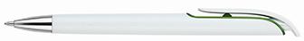 Bolígrafo plástico retráctil, de cuerpo blanco con detalles de color.